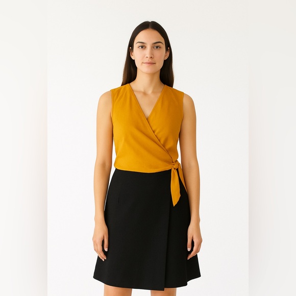 Lafayette 148 wrap tie front blouse top shirt 8 petite mustard v-neck gold work - Picture 1 of 10